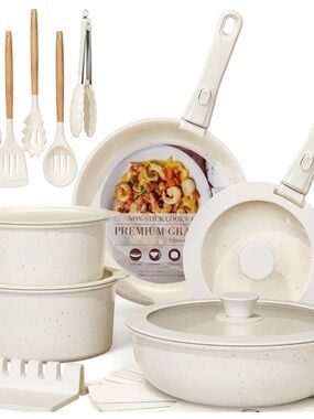 Astercook Premium Non-Stick Ceramic Cookware Set - Cream, Detachable handles